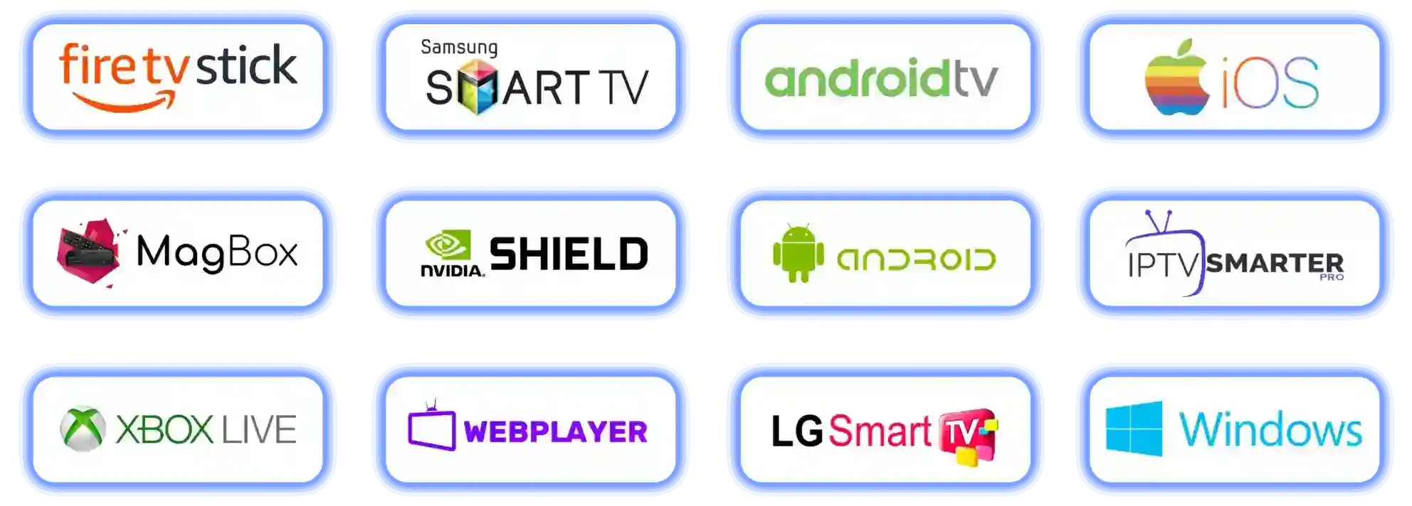 IPTV Canada compatible devices and apps: Fire TV Stick, Samsung Smart TV, Android TV, iOS, MAG box, NVIDIA Shield, Android, IPTV Smarters Pro, Xbox, web player, LG Smart TV and Windows