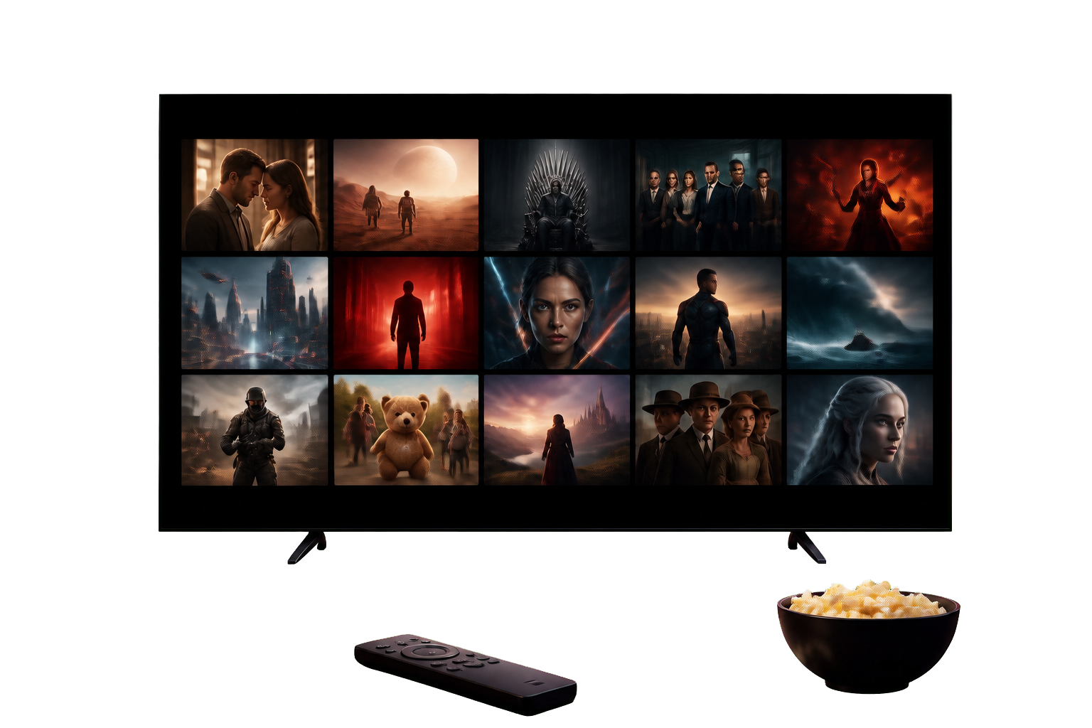 Movies and television series streaming screen with remote and popcorn