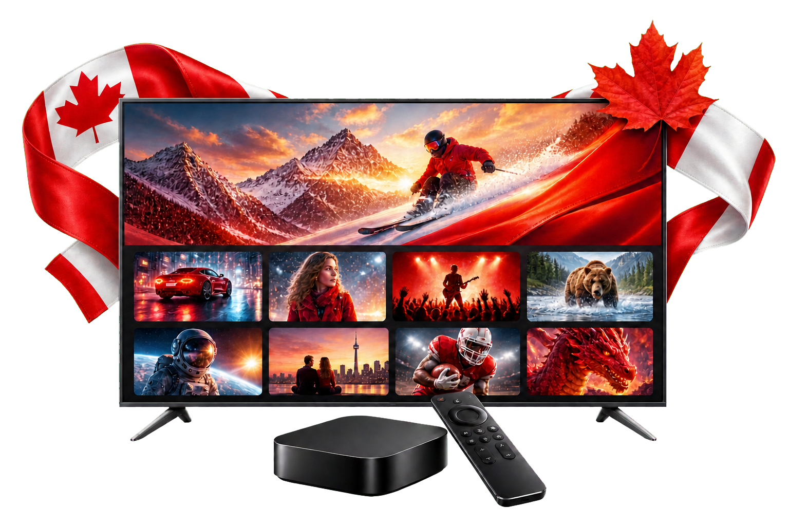 Canadian IPTV screen with flag ribbon, streaming box and remote