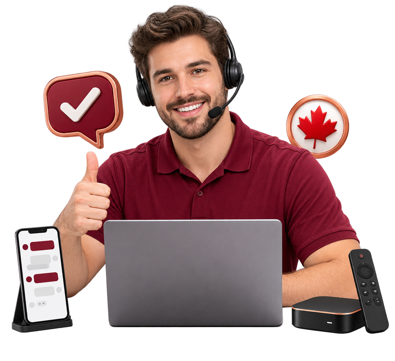 Canadian IPTV customer support agent with laptop, headset and streaming equipment