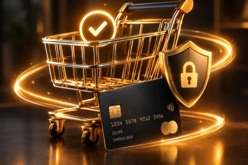 A shopping cart holding a credit card beside a security shield, representing buying an IPTV subscription safely