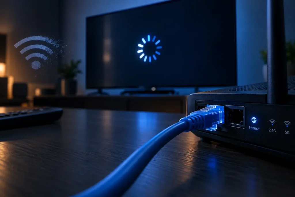 Ethernet cable plugged into a home router beside a television showing a buffering spinner