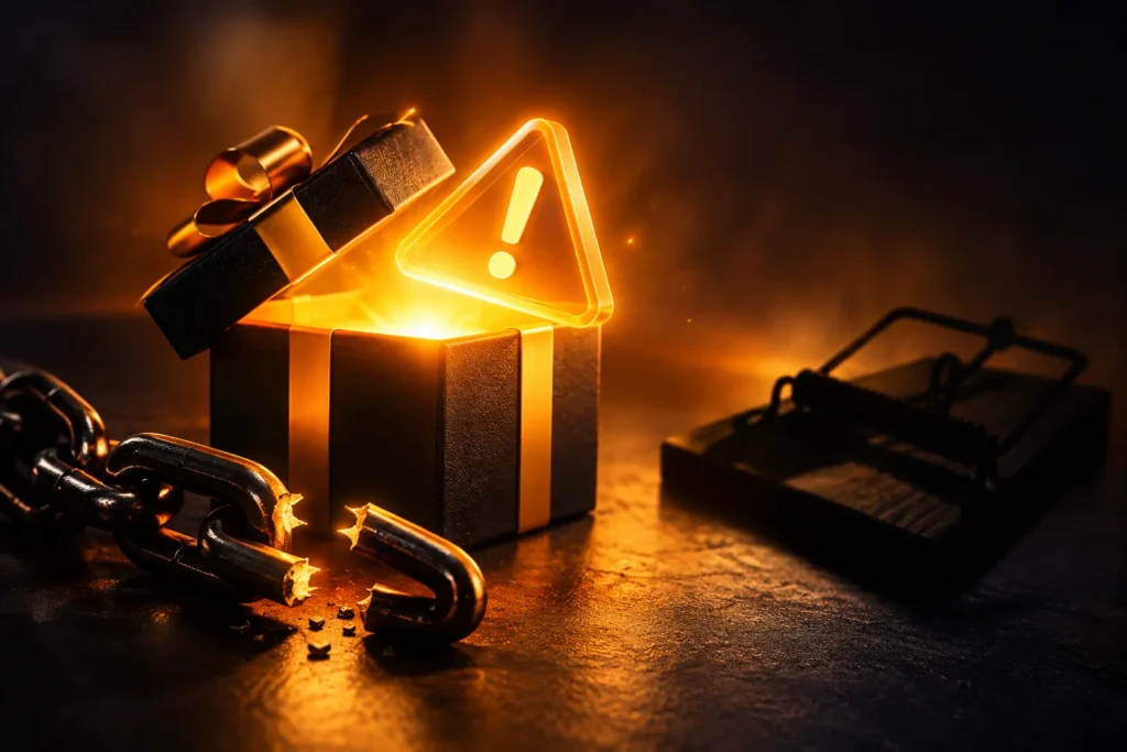 An open box with a glowing warning symbol beside a broken chain and a mousetrap, representing the risks of free IPTV services