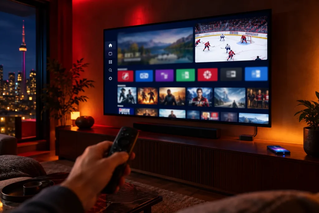Hand holding a remote pointed at a smart TV showing an IPTV app home screen with a live hockey game, with a streaming stick and phone on the console below
