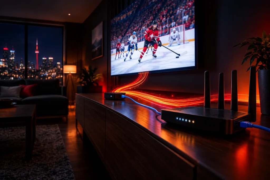 Wi-Fi router connected by Ethernet cable to a streaming box under a wall-mounted TV showing a live hockey game in a Toronto living room at night
