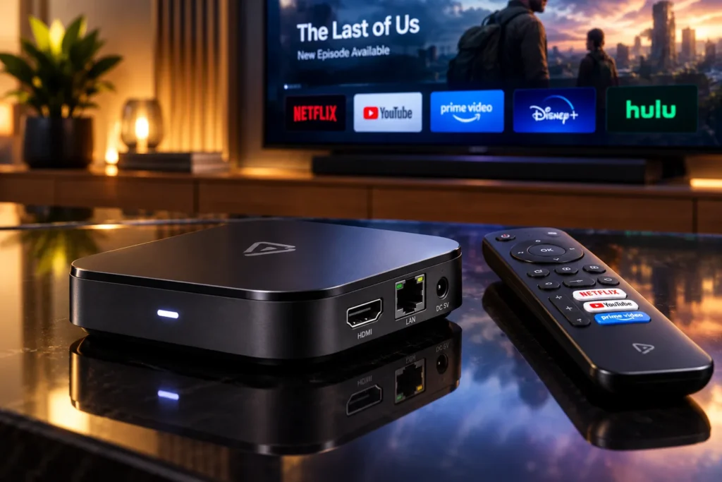 A black IPTV streaming box and remote on a table in front of a smart TV showing streaming app logos
