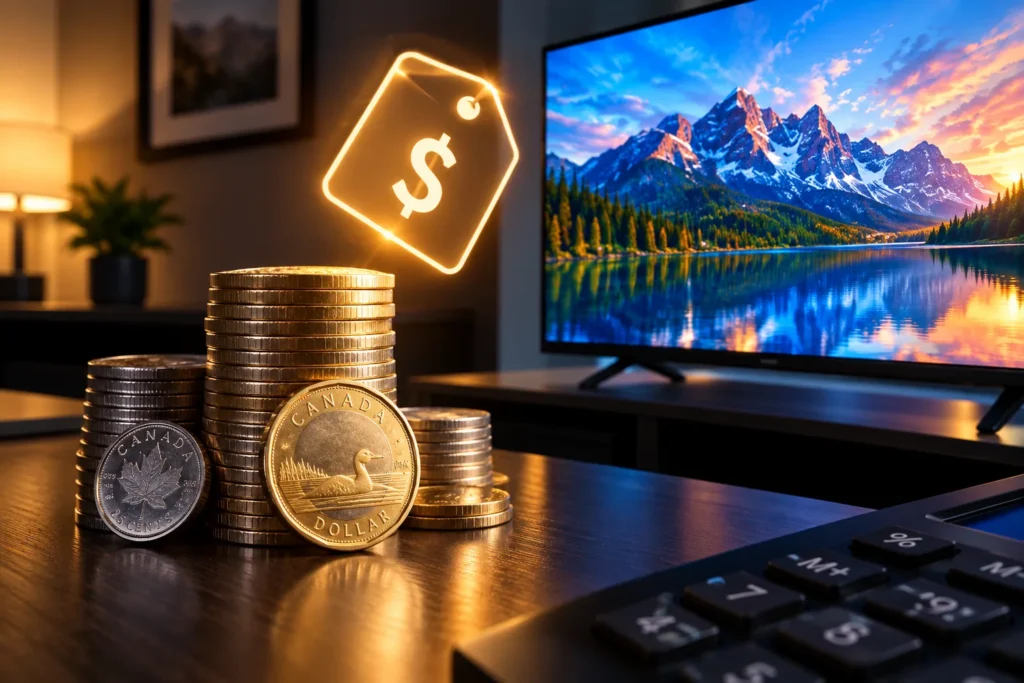 Stacked Canadian dollar coins and a glowing price tag beside a television and a calculator