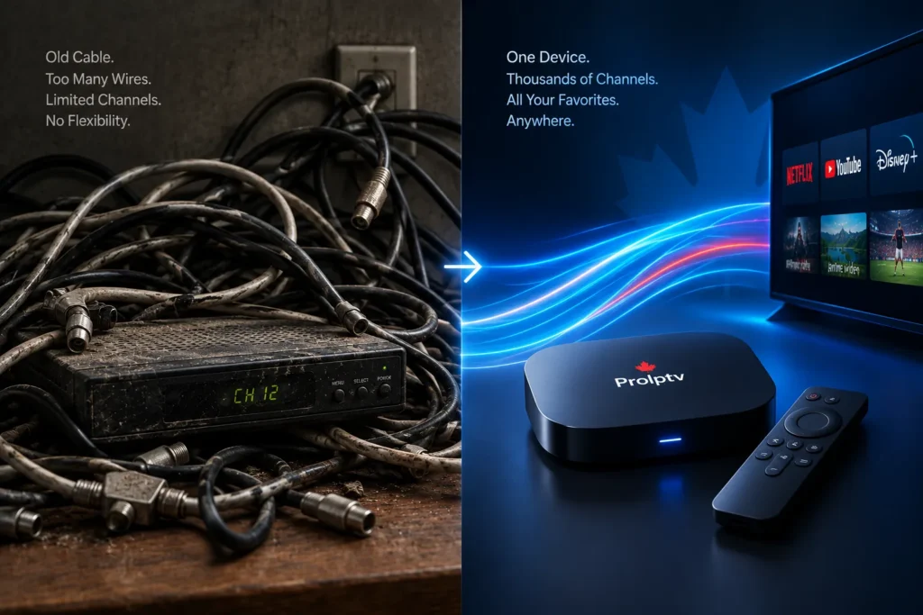 Split comparison showing a tangle of coaxial cables behind an old cable box beside a single streaming box connected to a modern smart TV