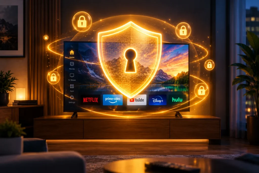 A glowing padlock shield in front of a smart TV surrounded by lock icons, representing IPTV safety and privacy