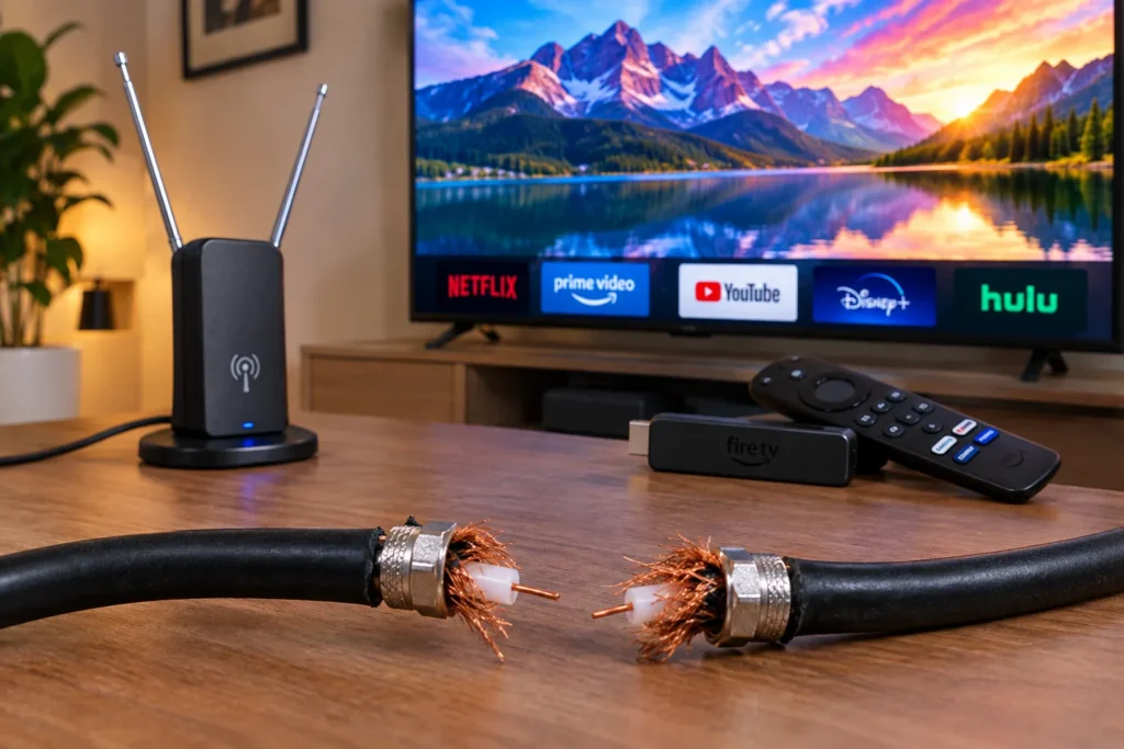 A cut coaxial cable in front of an indoor antenna and a streaming stick connected to a TV showing streaming apps