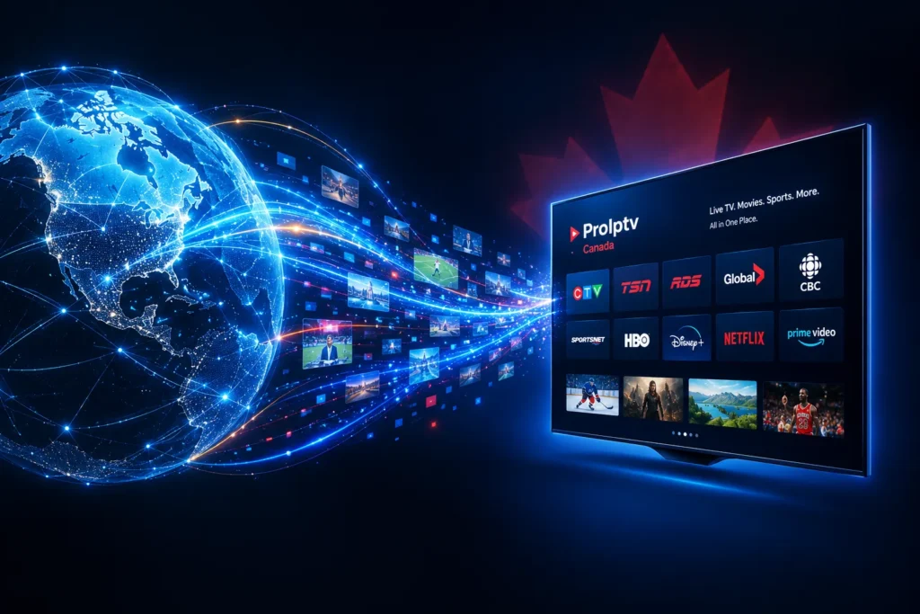 Globe of light streaming channel thumbnails into a smart TV displaying Canadian channels including CTV, TSN, Global and CBC