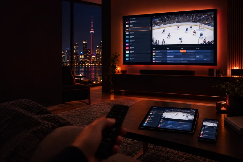 Best IPTV player app: living room TV showing a live-channel grid and TV guide, with a tablet and phone running the same app
