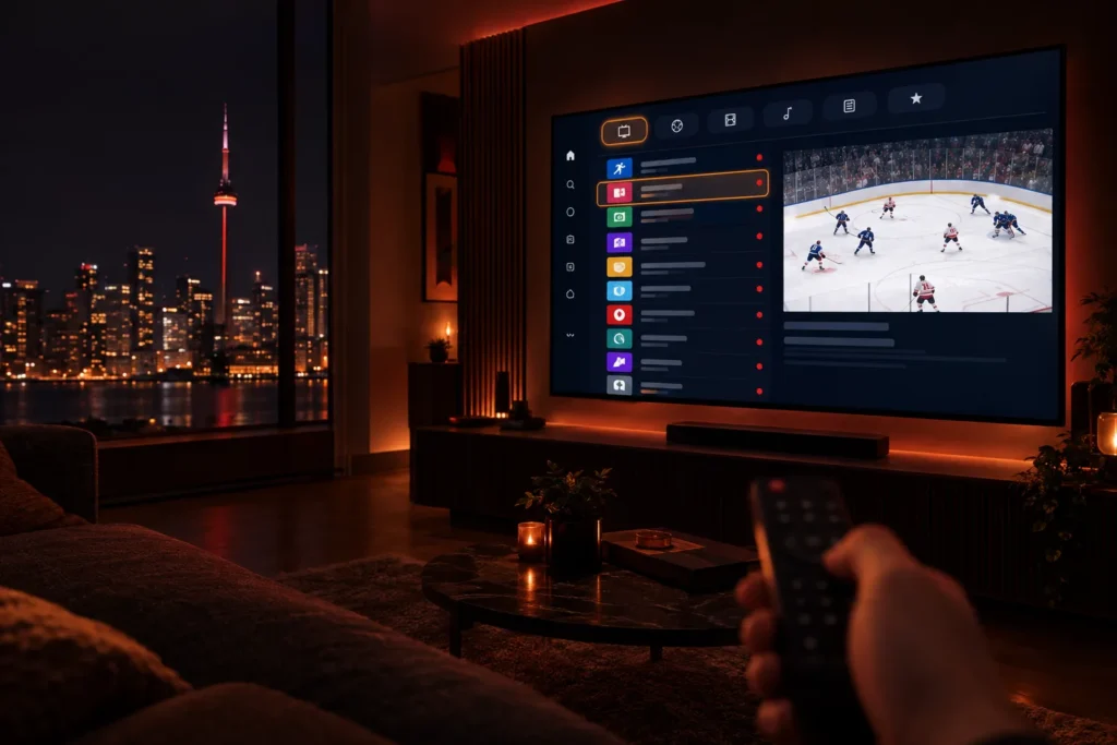 IPTV Canada channel list: living room TV showing category tabs and a live hockey game, a hand holding the remote