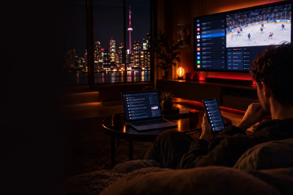 IPTV Canada Reddit: person on a sofa reading forum comments on a phone while a TV shows a live IPTV channel guide