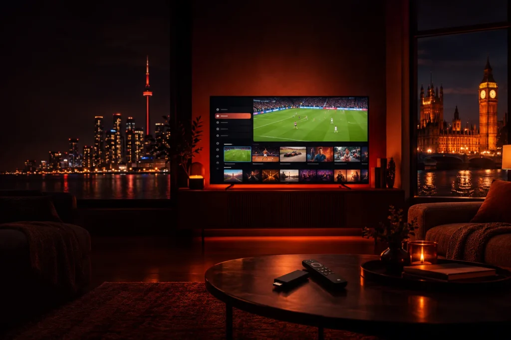 IPTV Canada vs UK: TV showing a live channel guide between a Toronto skyline and a London skyline at night